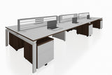 Benchwork Office Workstation Desk System Cluster of 6 with Glass Desktop Screen and Mobile Pedestal with Radiwood Finishing