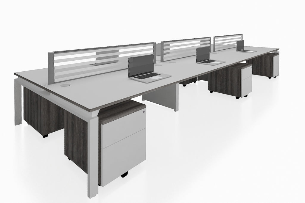 Benchwork Office Workstation Desk System Cluster of 6 with Glass Desktop Screen and Mobile Pedestal with Costa Grey Finishing