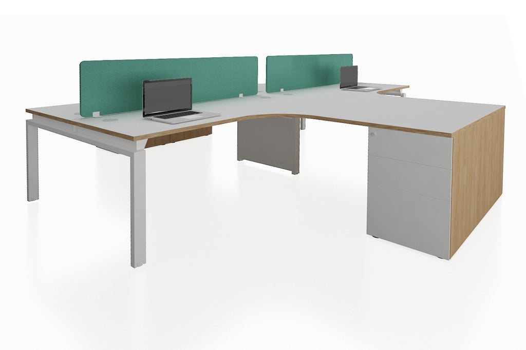 Benchwork Office Workstation Desk System Universal Cluster of 4 with Fabric Divider and Fixed Pedestal with England Oak Finishing