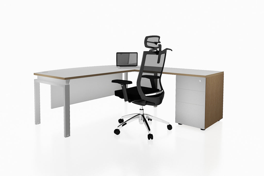 Benchwork Office Workstation Executive Table Desk with Fixed Pedestaland White Finishing Back Angled View
