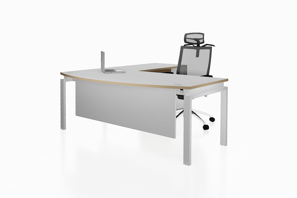 Benchwork Office Workstation Executive Table Desk with Fixed Pedestal and White Finishing Front Angled View