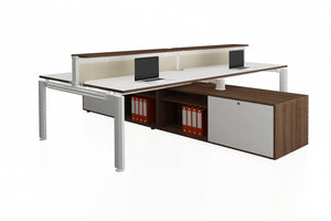 Deskspace Office Workstation Desk System Cluster of 4 with Low Opti Pole Counteriser and Structure Cabinet with Radiwood Finishing