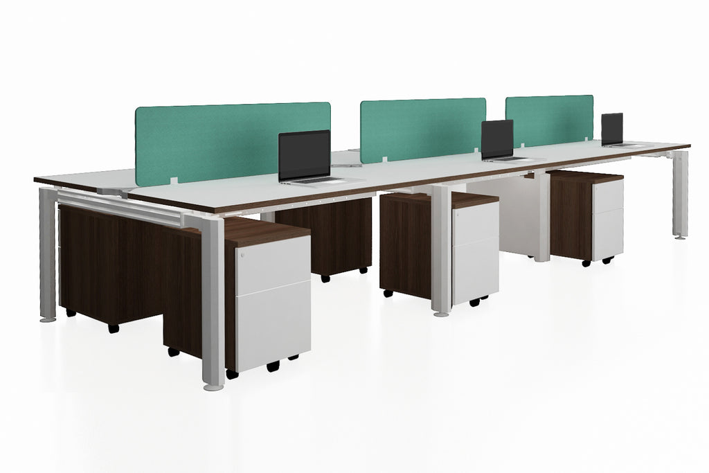 Deskspace Office Workstation Desk System Cluster of 6 with Fabric Divider and Mobile Pedestals and Radiwood Finishing