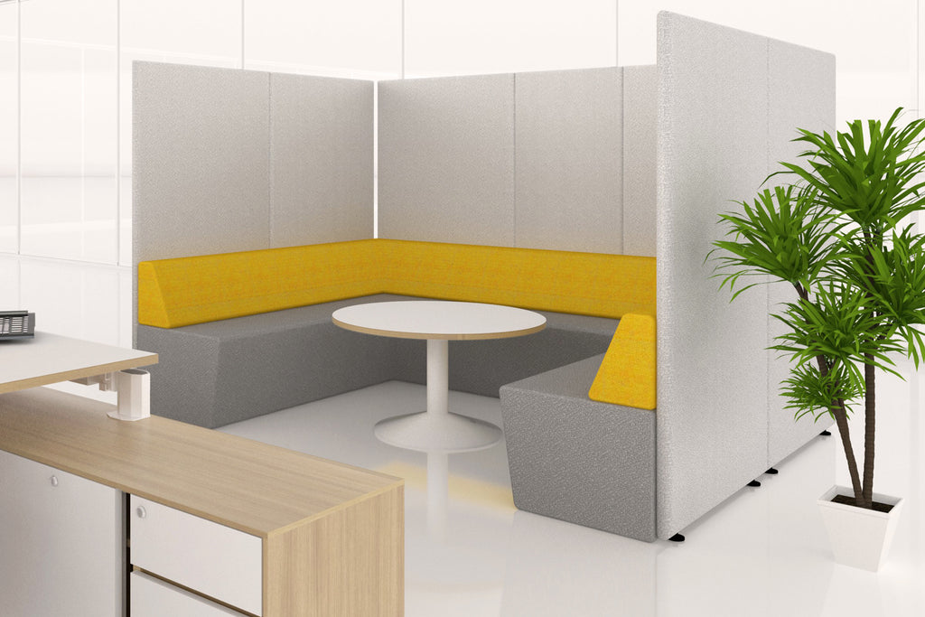 Domain Office Collaborative Discussion Pod with Yellow Seatings and Grey Acoustics
