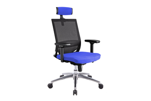Ergomaster Orion Office Task Chair with High Backrest and Headrest with Blue Seat and Aluminium Base Right Angled View