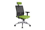 Ergomaster Orion Office Task Chair with High Backrest and Headrest with Green Seat and Aluminium Base Right Angled View