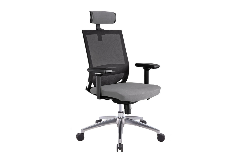 Ergomaster Orion Office Task Chair with High Backrest and Headrest with Grey Seat and Aluminium Base Right Angled View