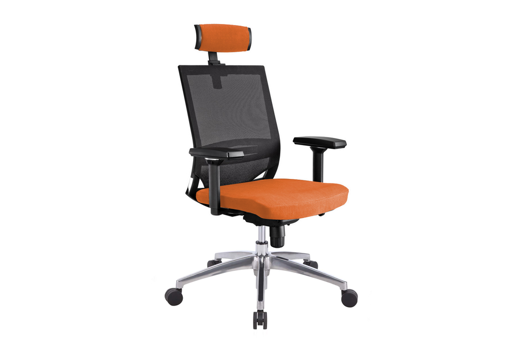 Ergomaster Orion Office Task Chair with High Backrest and Headrest with Orange Seat and Aluminium Base Right Angled View