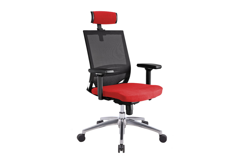 Ergomaster Orion Office Task Chair with High Backrest and Headrest with Red Seat and Aluminium Base Right Angled View