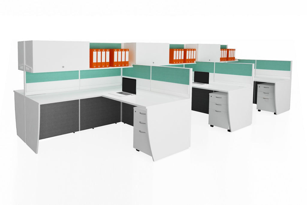 Partition Cubicle Office Workstation Desk System Cluster of 6 with Full Fabric Divider and Hanging Cabinet and Open Shelf and Mobile Pedestal with White Finishing