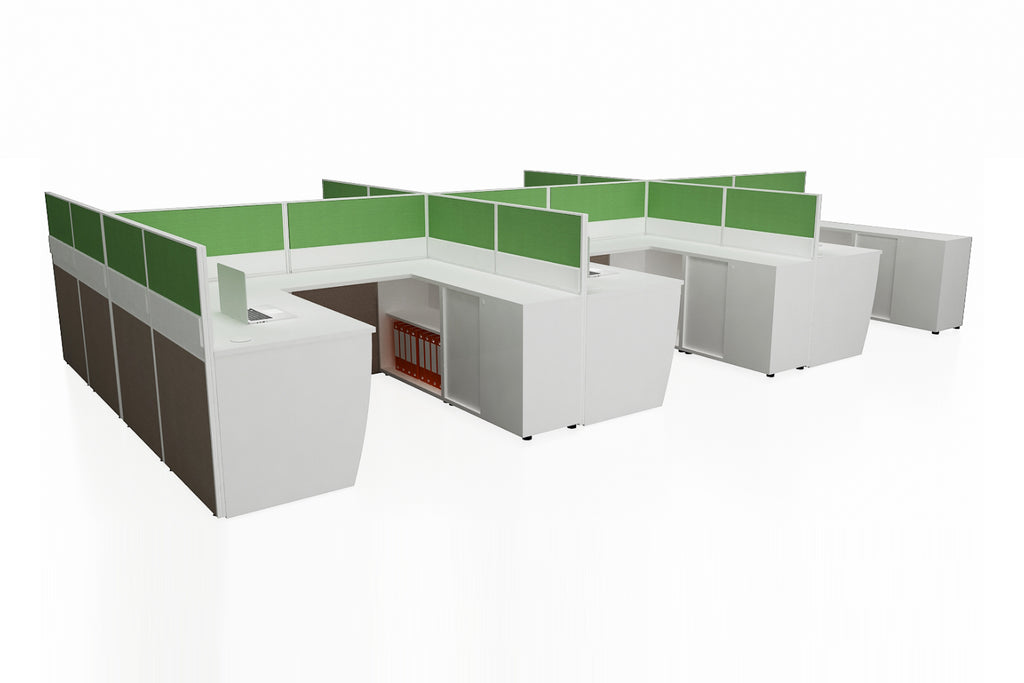 Partition Cubicle Office Workstation Desk System Cluster of 6 with Full Fabric Divider and Side Return Cabinet with White Finishing