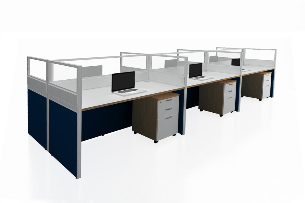 Partition Cubicle Office Workstation Desk System Cluster of 6 with Half Glass Divider and Mobile Pedestal with England Oak Finishing