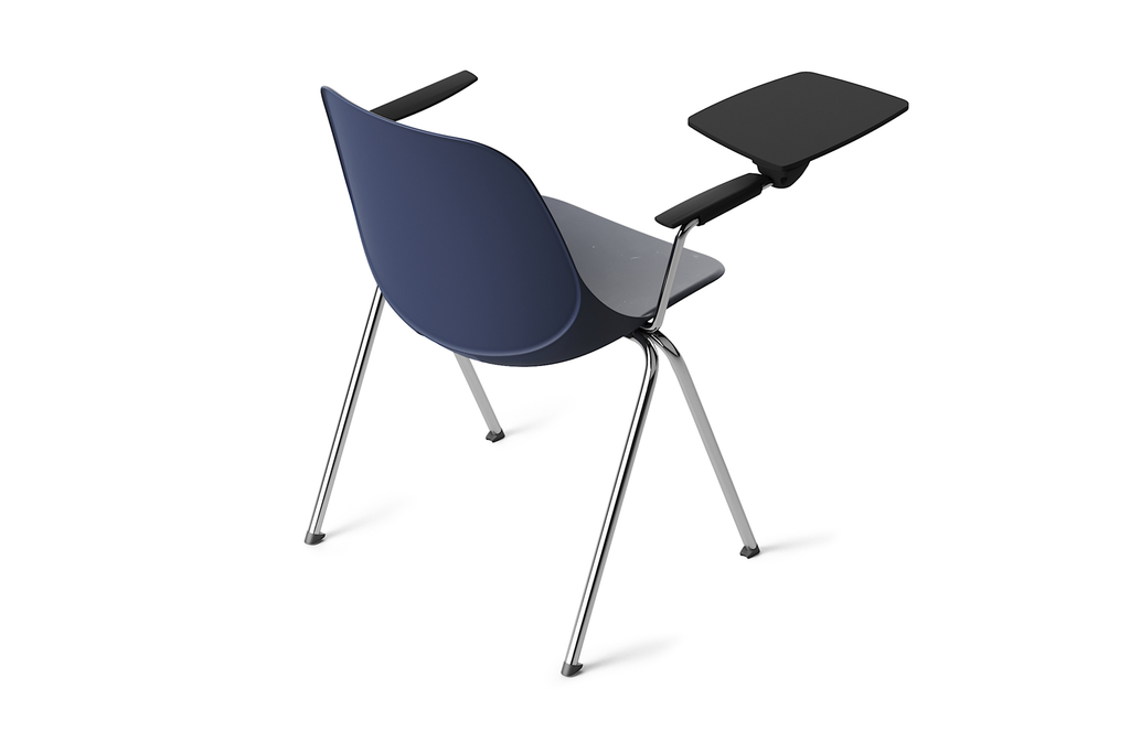 Quick Stackable Office Training Chair in Blue with Armrest and Tablet with Gliders Back Angled View